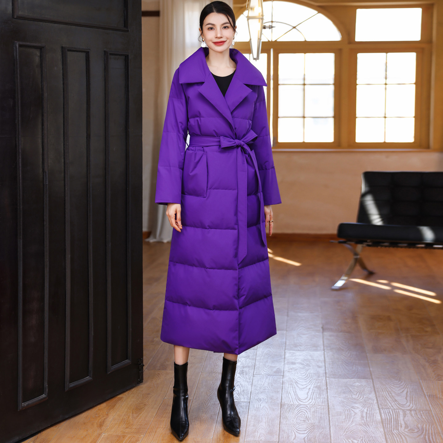 高端大牌西装领过膝白鸭绒修身显瘦加厚保暖紫色羽绒服女长款外套