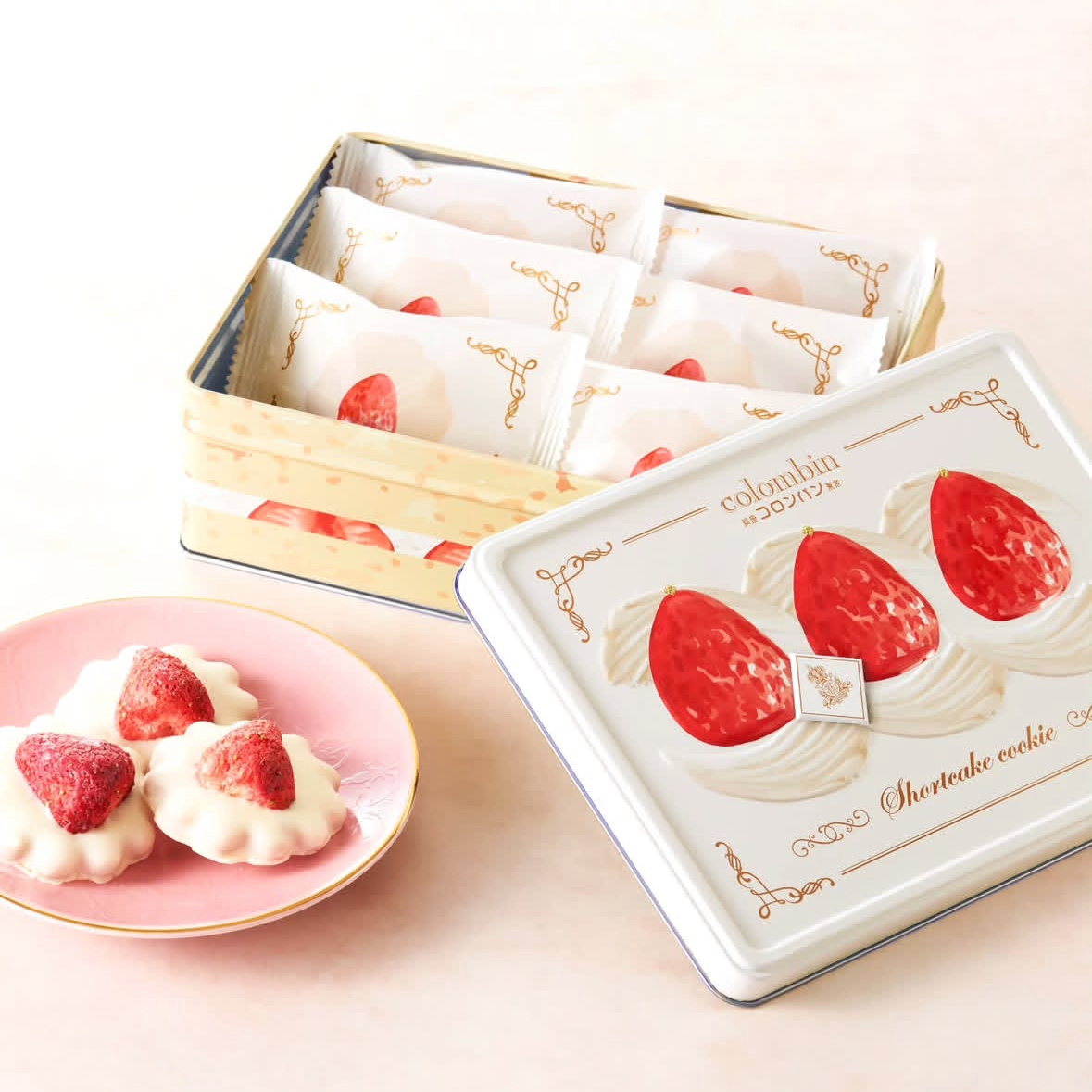 满200日本直邮Colombin 草莓蛋糕曲奇罐冻干草莓白巧克力曲奇