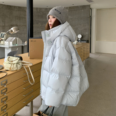 蓝色短款连帽羽绒服外套女冬2025