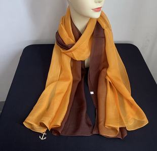 姜黄色丝巾100%桑蚕丝女士真丝围巾薄款纱巾手绘渐变妈妈披肩