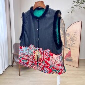 拉贝碧 凤舞九天新中式 香云纱下摆拼接刺绣水貂毛夹棉双面马甲