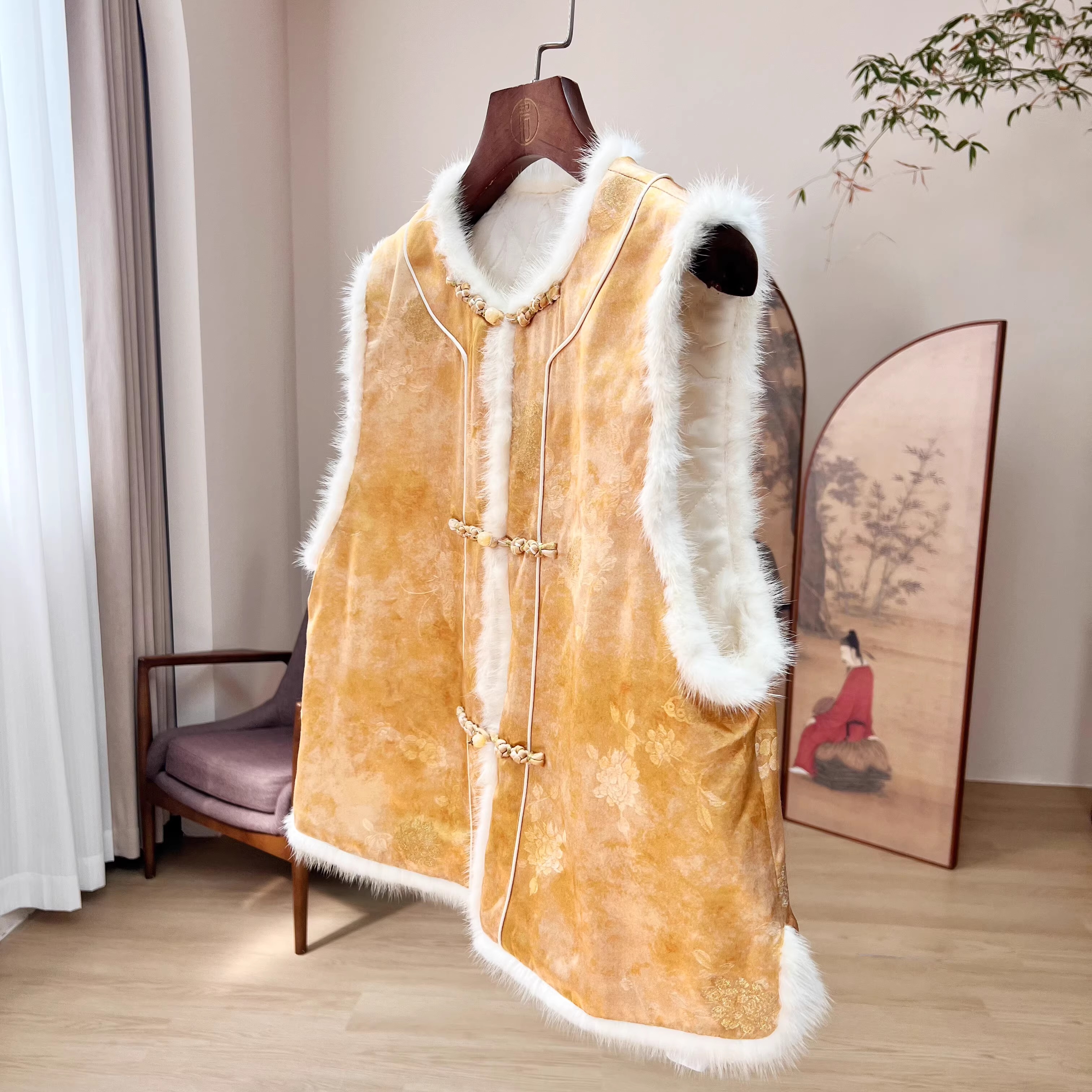 拉贝碧【买一送一】金蝶飞 草木染织锦金丝线双面穿盘扣夹棉马甲