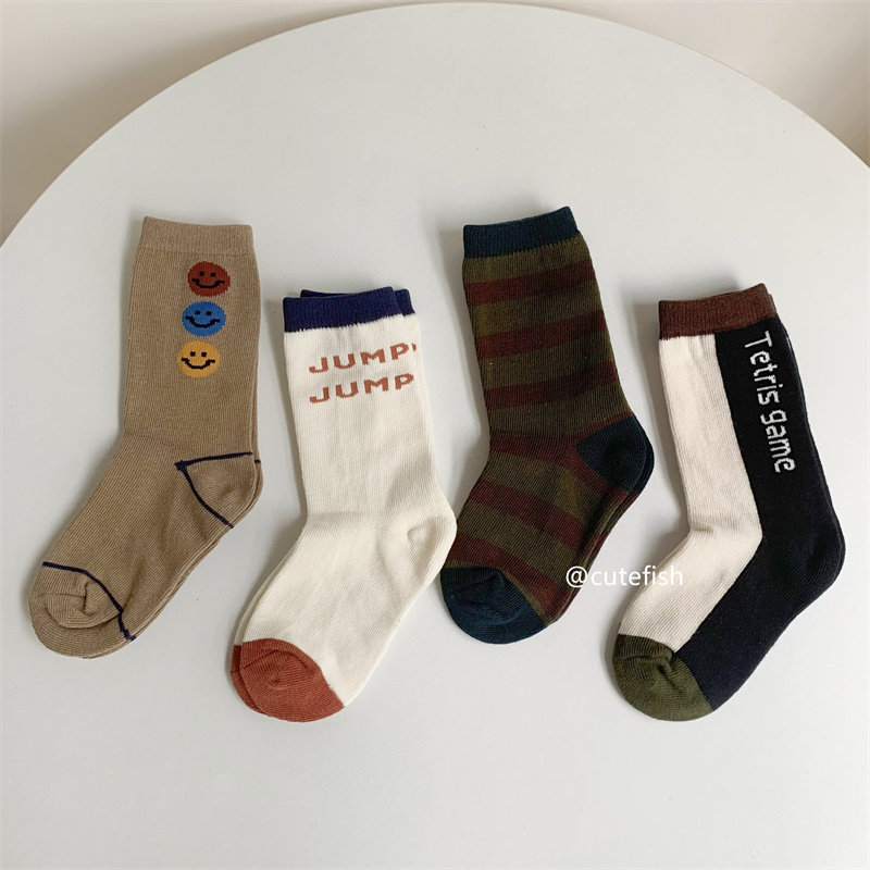 4双装~儿童袜子24秋季字母运动笑脸袜宝宝中筒袜复古棉袜男童袜子,童装/婴儿装/亲子装,儿童袜子(0-16岁),淘宝优惠券,粉丝福利购,淘宝优惠卷
