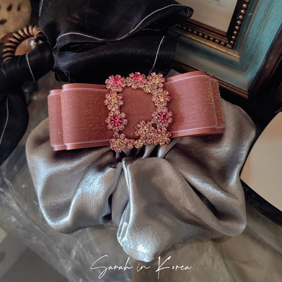 Sarah in Korea韩国 硬丝绒草莓慕斯色调金光韩式蝴蝶结发夹顶夹