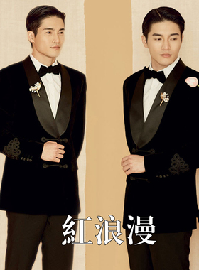 新款中式中国风黑色绒面影楼西服工笔画摄影男士修身西装两件套