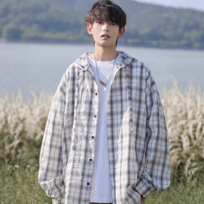 黑白格子连帽衬衫外套男款夏季宽衬衫
