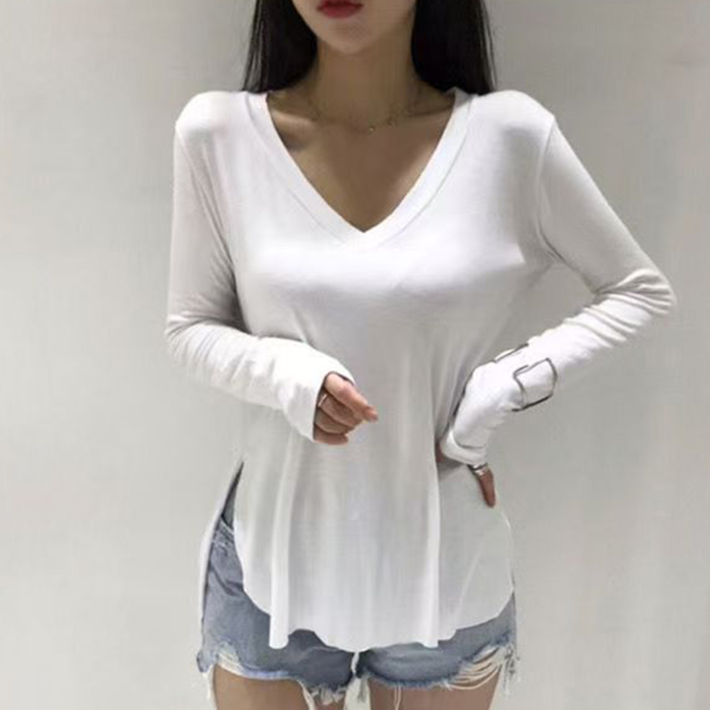 春秋莫代尔V领长袖T恤女士宽松型修身显瘦休闲韩版纯色打底衫上衣