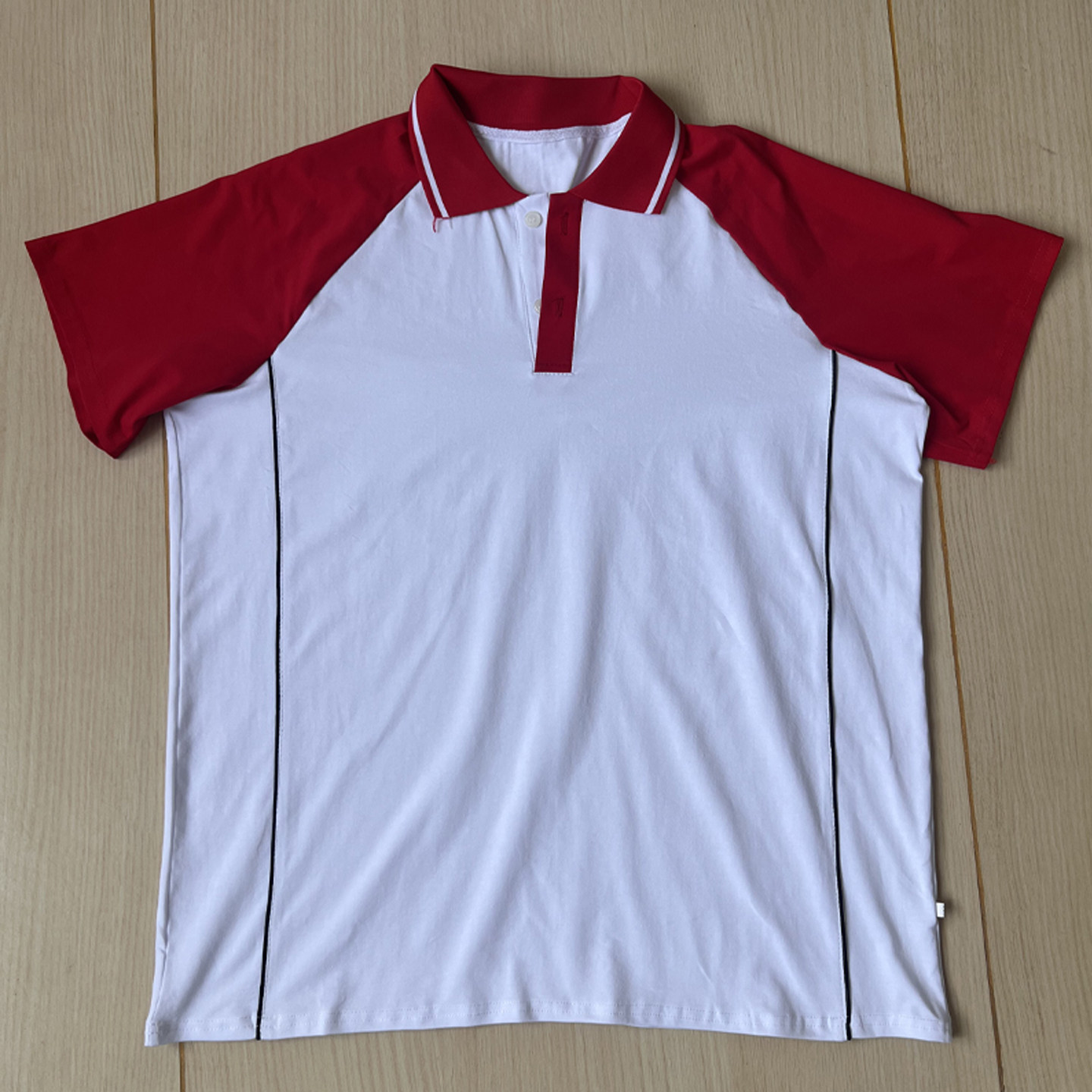 白色校服短袖前身藏蓝绳大红插肩袖大红领白条学生班服POLO衫上衣