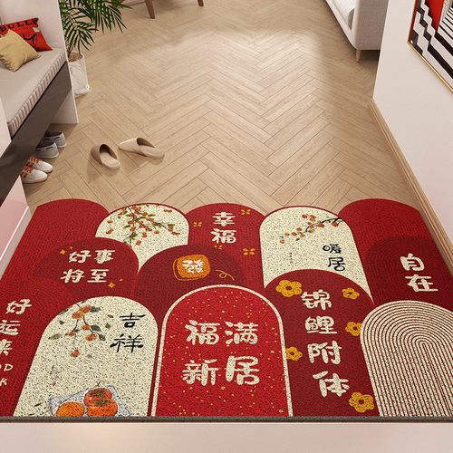 新中式入户门地垫丝圈加厚防滑红色喜庆玄关进门口脚垫门垫子地毯