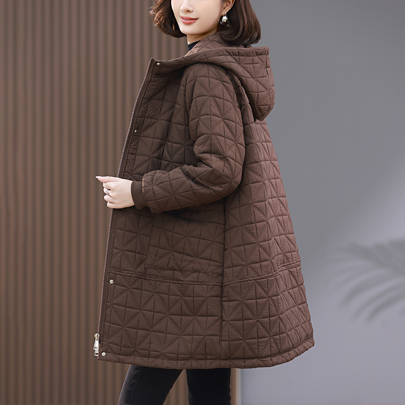 黑色菱格羽绒棉服女中长款2024年冬季新款加厚小个子中年妈妈外套