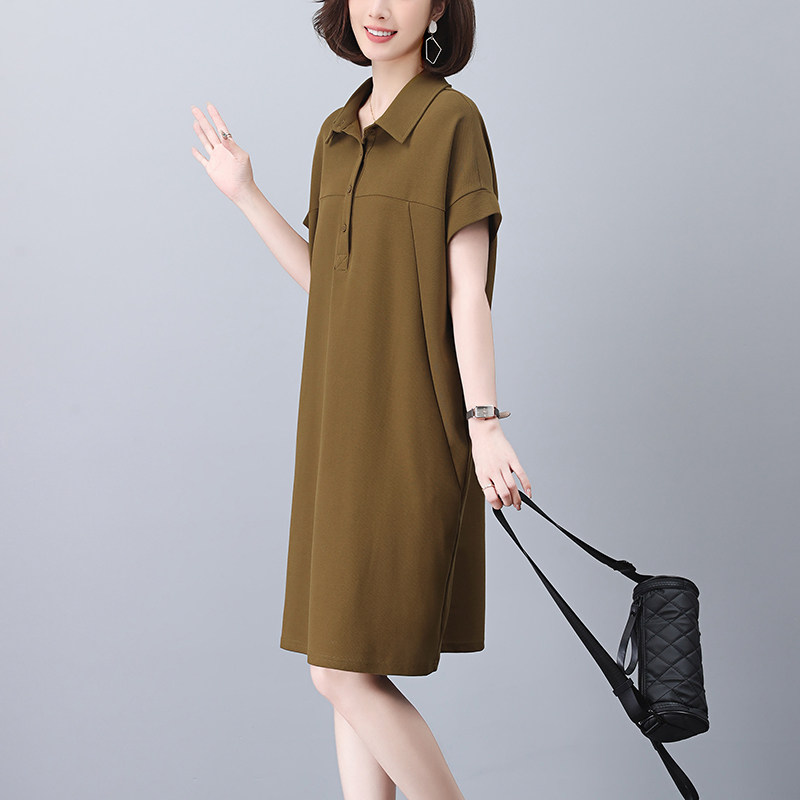 翻领短袖连衣裙女2024夏季新款中年妈妈小个子遮肚子宽松直筒裙子