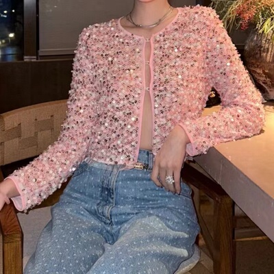 小香秋季重工亮片双C针织开衫