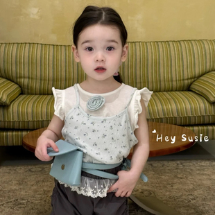 女童夏季甜美碎花吊带打底公主背心两件套木耳边无袖短袖轻薄透气