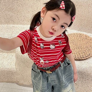 韩国童装女童间条T恤可爱卡通猫印花红色条纹短袖上衣纯棉透气