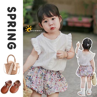 复古女童碎花短裤套装2025夏季新款潮女宝宝花苞裤森系短袖薄上衣