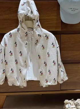 简约时尚男女宝宝春秋外套灰色老鼠图案长袖薄上衣萝卜宽松裤套装