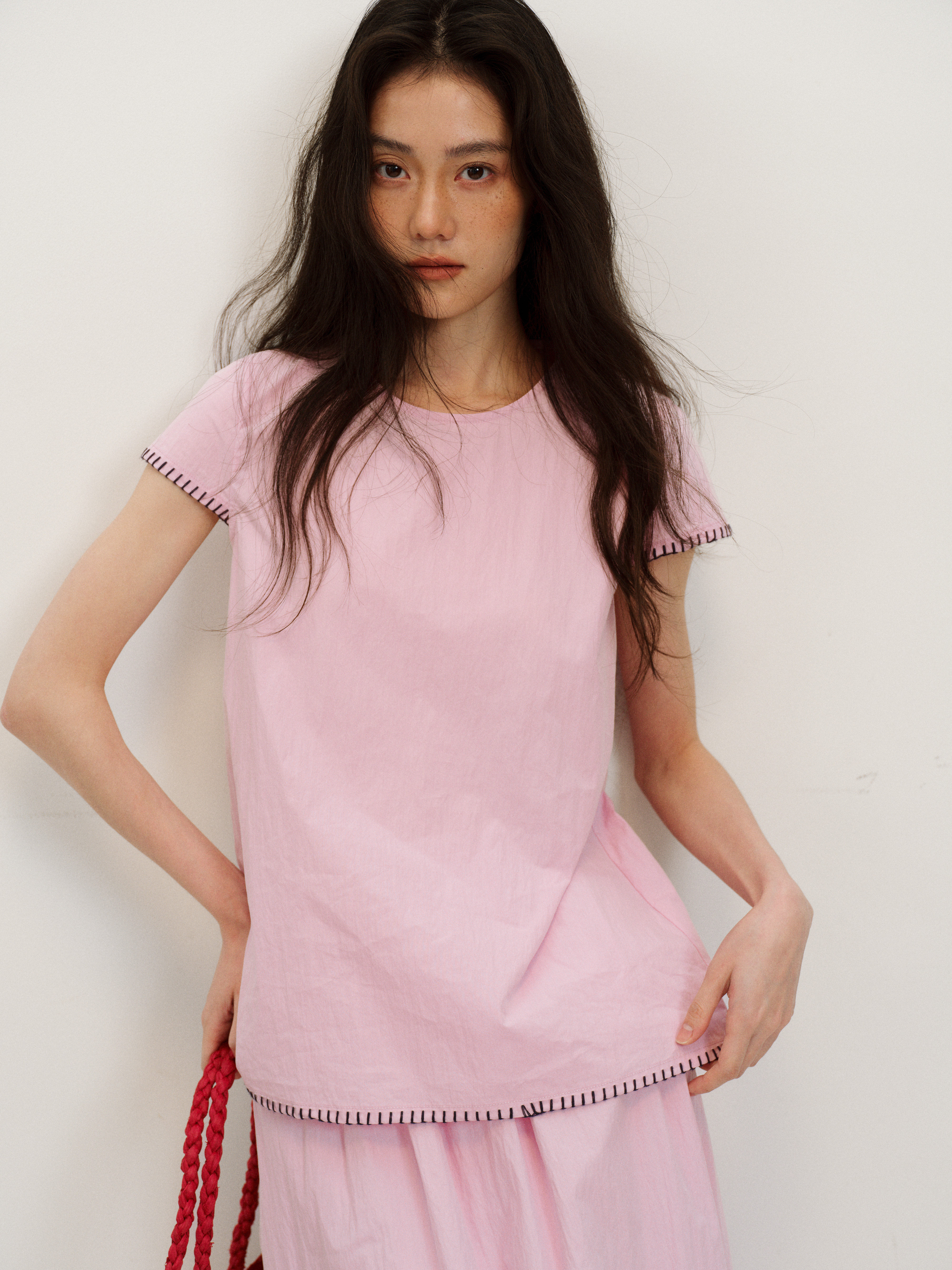 粉色套装女夏季手工明线短袖上衣A字半身长裙两件套