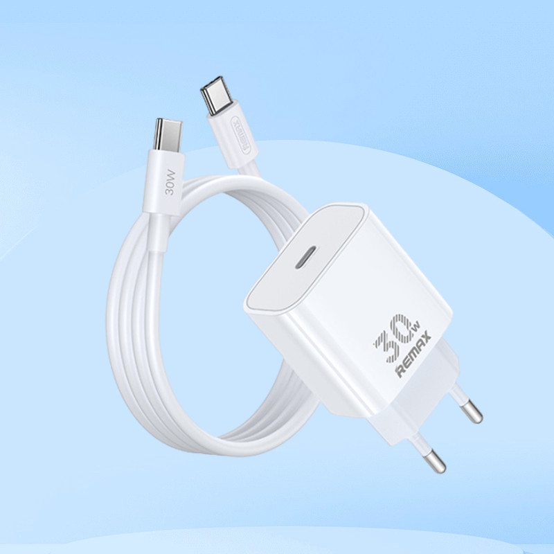 Remax 欧规充电器+双头usb-c快充线/一套装Typec氮化镓插头PD30W