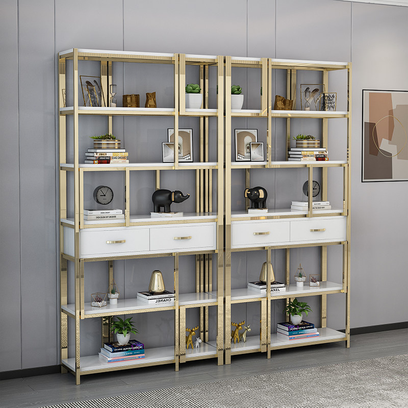轻奢风客厅不锈钢书柜书架落地装饰架置物架金属带抽屉隔断展示架