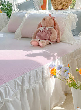 【网红同款】粉紫色单床裙三件套床罩枕套单件荷叶花边水洗棉白纱