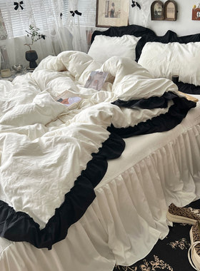 法式仙女纯白色水洗棉床单四件套床裙被套黑色花边蕾丝床上三件套