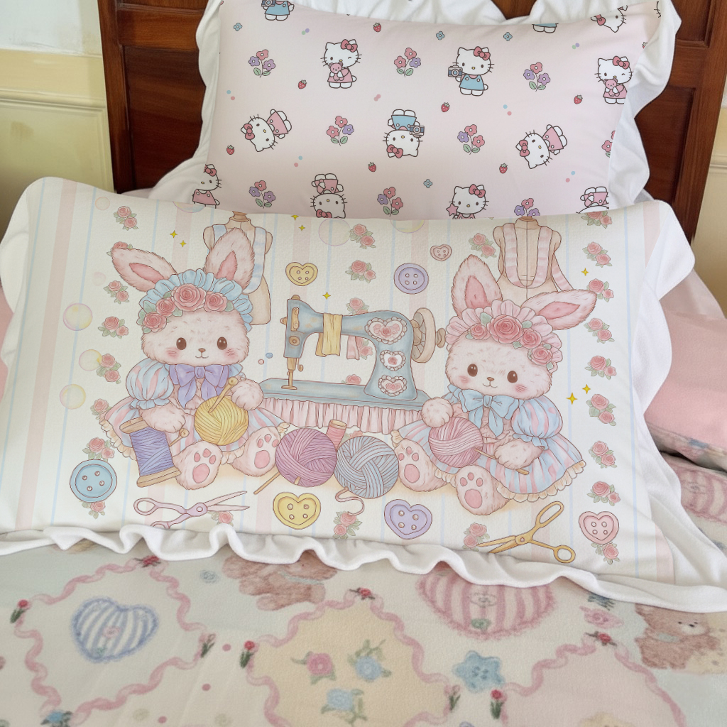 原创牛奶绒花边枕套萌兔软萌加厚双面加绒保暖可爱枕头皮套一只对