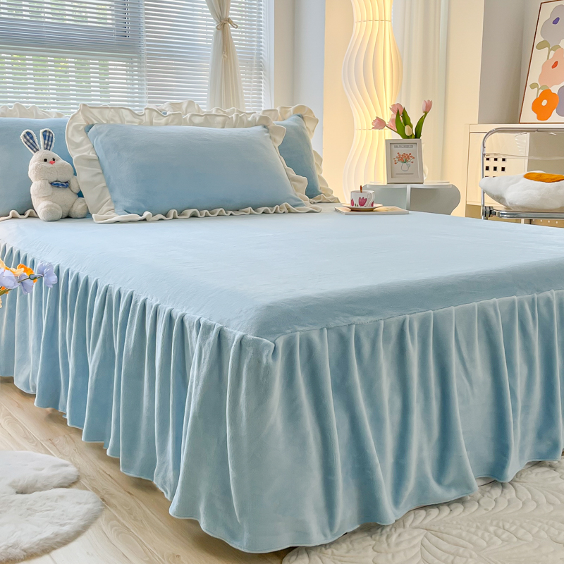柔和蓝冬单床裙牛奶珊瑚绒加厚床罩保暖加绒花边枕套两三件套枕头,床上用品,床裙,淘宝优惠券,粉丝福利购,淘宝优惠卷