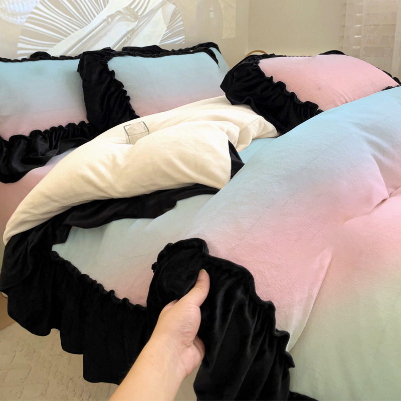 仙女渐变色珊瑚绒双面牛奶绒三四件套保暖加厚加绒黑色花边冬床品