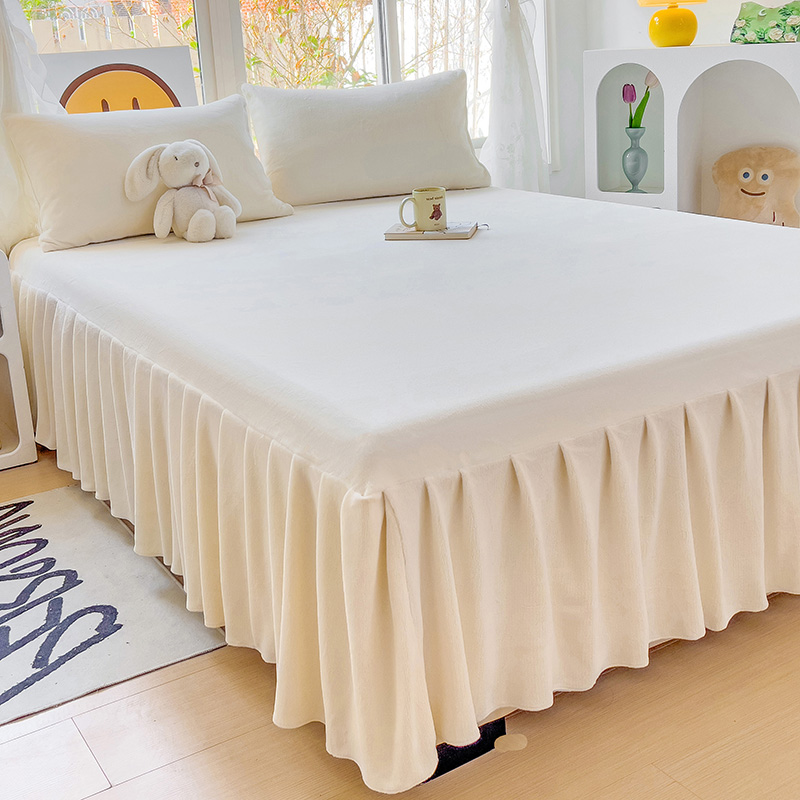 法式纯白牛奶绒单床裙加厚保暖加绒固定遮丑床罩绑带荷叶花边秋冬