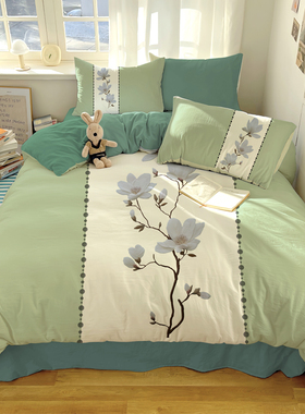 清新雅致东方韵味玉兰花水洗棉四件套被套床笠床单宿舍三件绿色