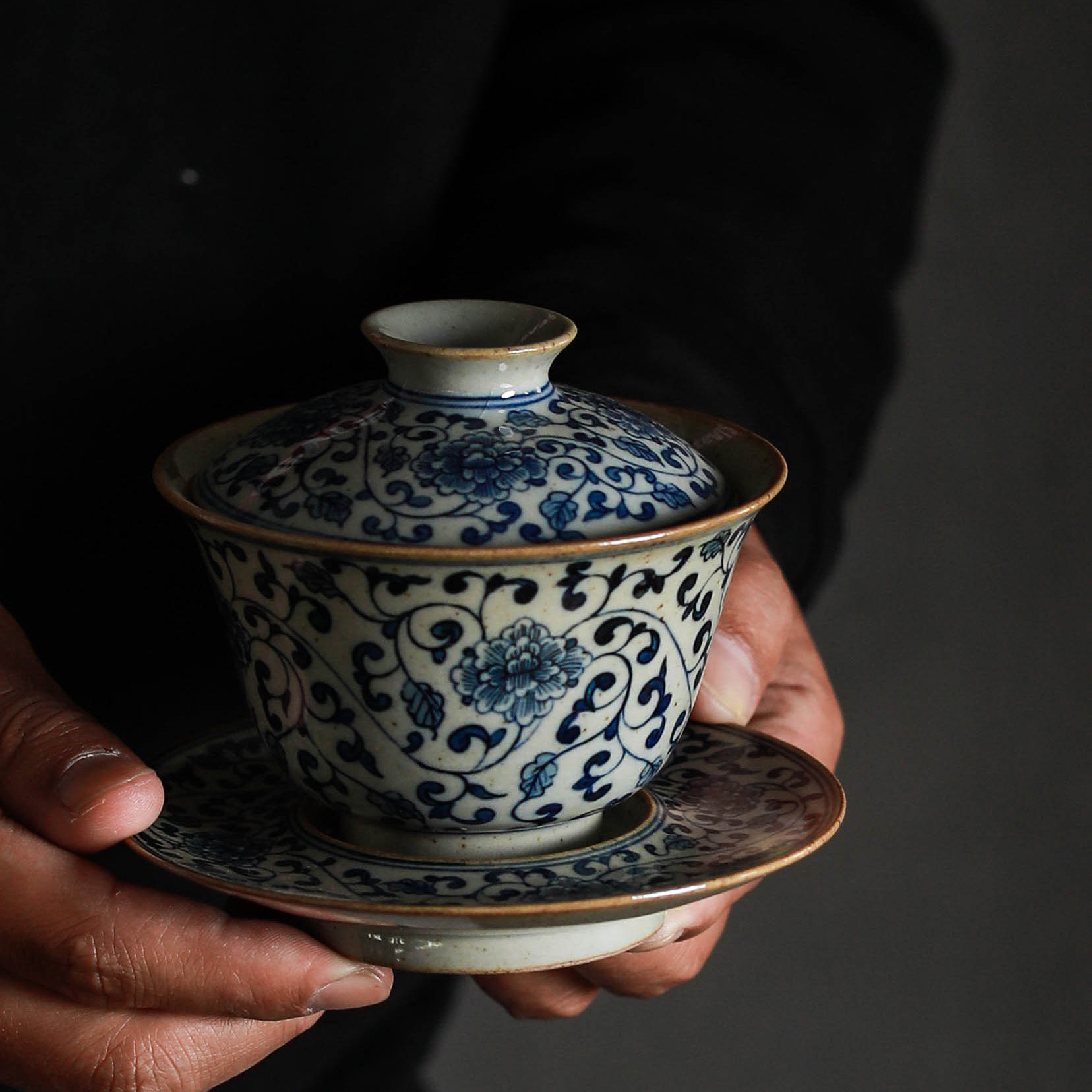独清 青花缠枝莲三才盖碗 陶瓷景德镇手工带盖碗杯茶具套装泡茶碗