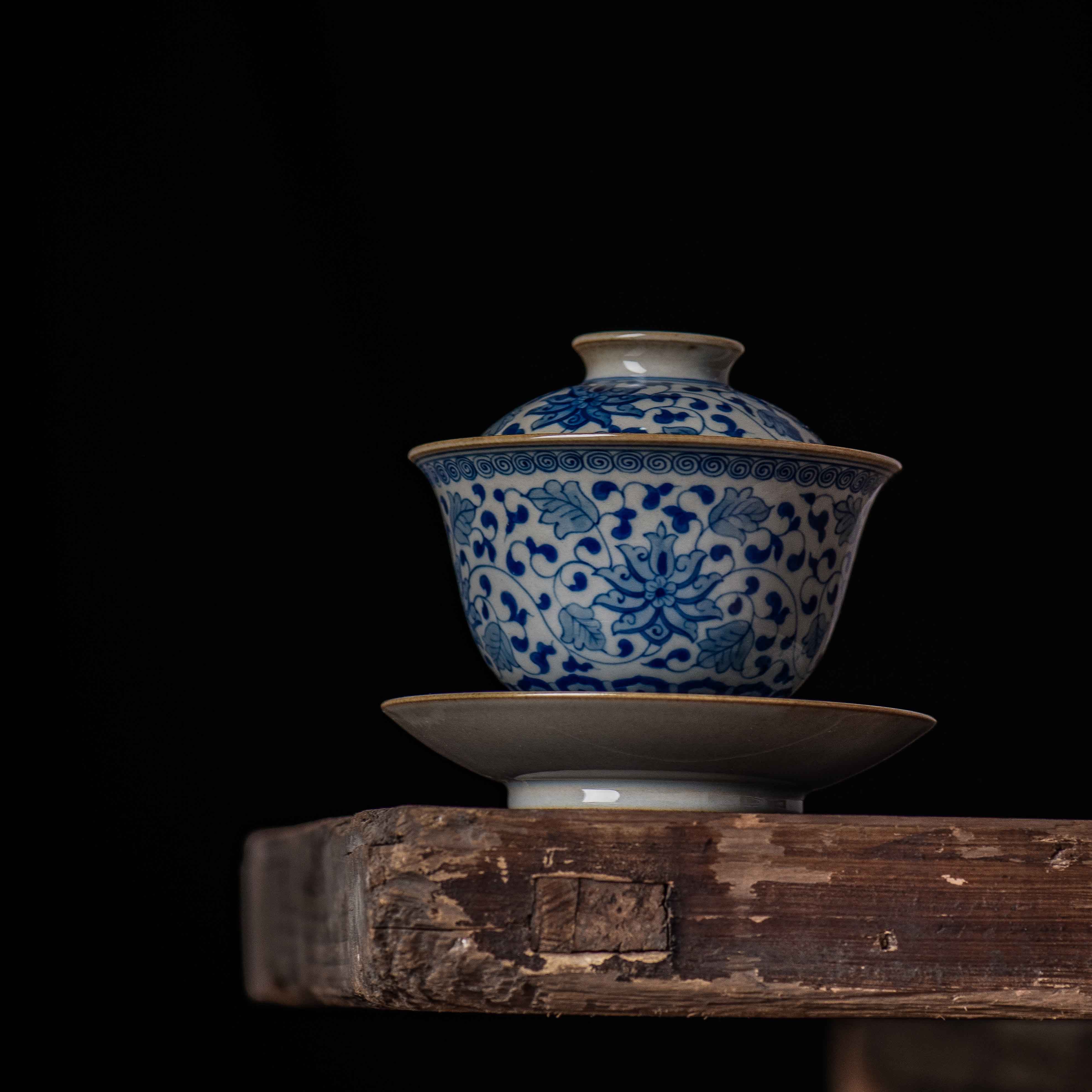 独清 老泥料青花缠枝莲三才盖碗 景德镇陶瓷茶具纯手工单个泡茶碗