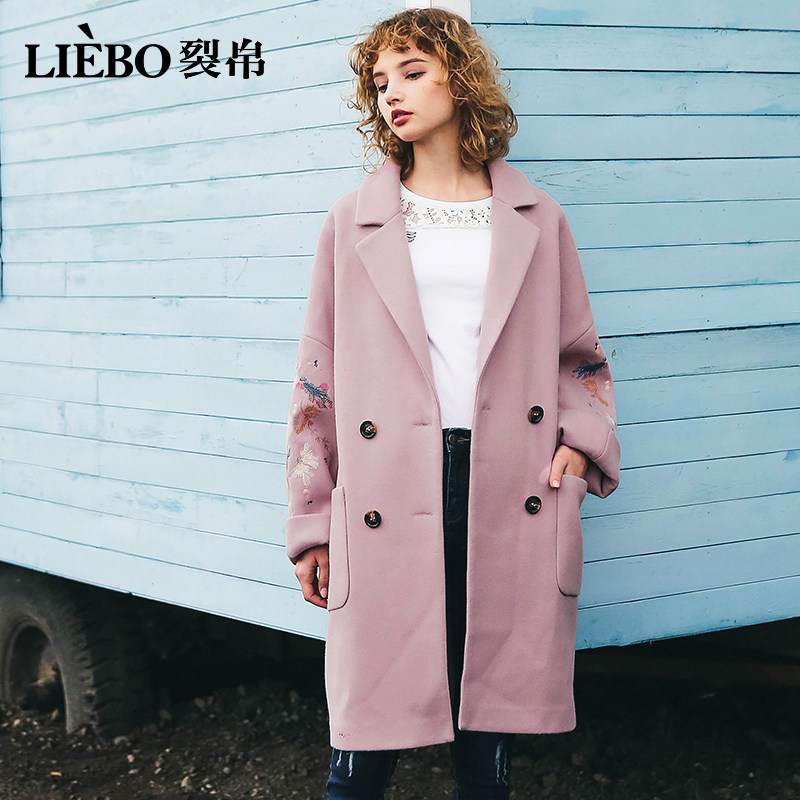 裂帛2019秋冬新款甜美翻驳领精工刺绣双排扣款舒适百搭毛呢外套女