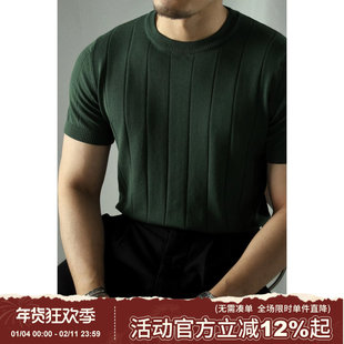 柴米坑条圆领短袖针织衫高品质T恤兰精天丝美式复古阿美咔叽夏季