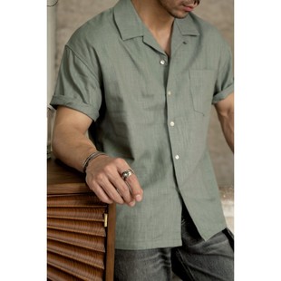 柴米美式复古麻棉短袖衬衫男士古巴领Aloha重磅美式复古开衫咔叽