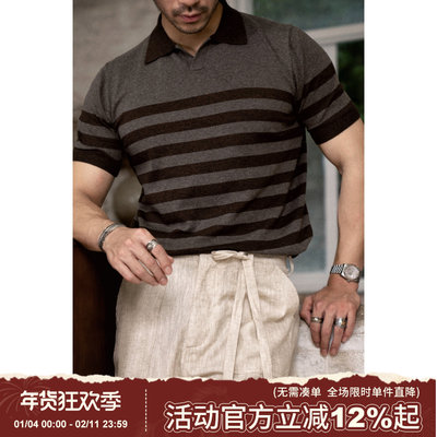 柴米300g马球领条纹polo针织衫T恤男全棉短袖翻领美式复古优雅夏