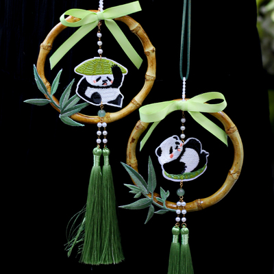 端午节时尚网红刺绣熊猫流苏竹圈挂件车载汽车居家客厅小挂饰节日