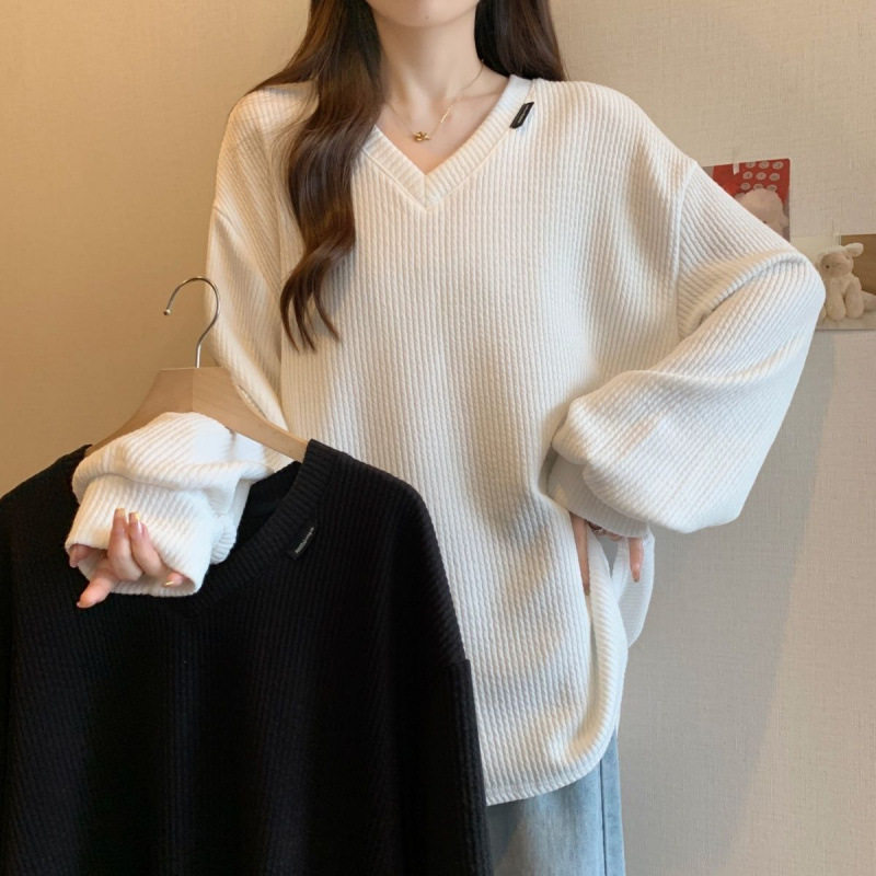 V领长袖T恤衫卫衣女装美式休闲宽松打底衫春季新款设计感小众