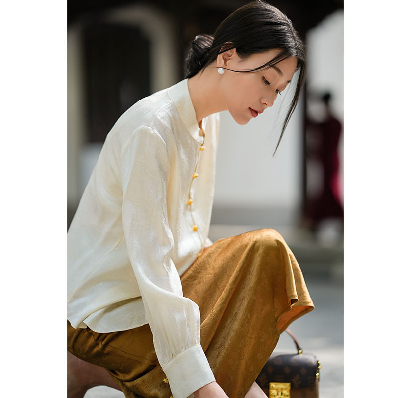 新中式衬衫女2026新款立领长袖国风真丝提花19姆米花萝桑蚕丝衬衣