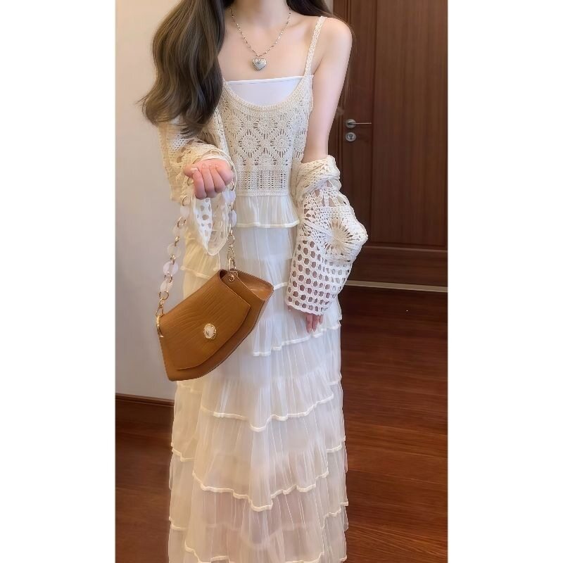 法式温柔风超好看镂空针织开衫吊带连衣裙两件套夏季仙女长裙新品