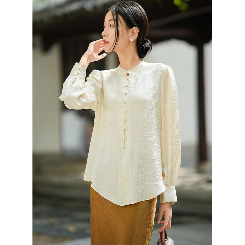 真丝衬衫女高级感2026春季新款国风提花19姆米花萝桑蚕丝长袖上衣