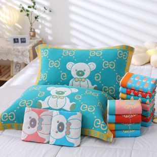 【儿童枕巾】五层纱布纯棉幼儿园卡通枕头巾家用蓝色中号45*65