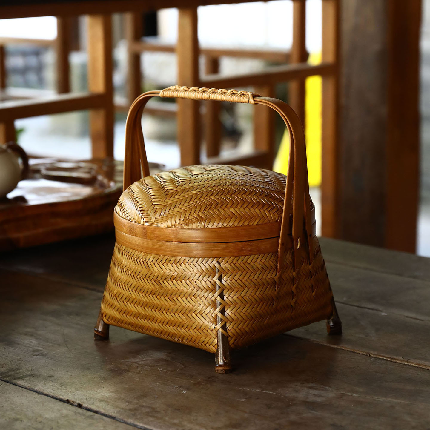 竹编提篮带盖茶具收纳筐