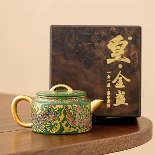 原矿绿泥汉瓦紫砂壶手工鎏金龙凤