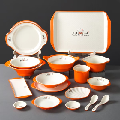 沙县厨具橙白双色红白双色带耳朵碗加厚密胺餐具套餐盘馄饨碗汤