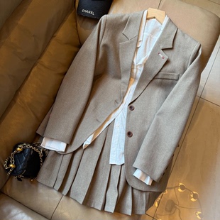 百褶裙套装 英伦学院风宽松西装 女时尚 复古西装 女 2026春季 套装 新款