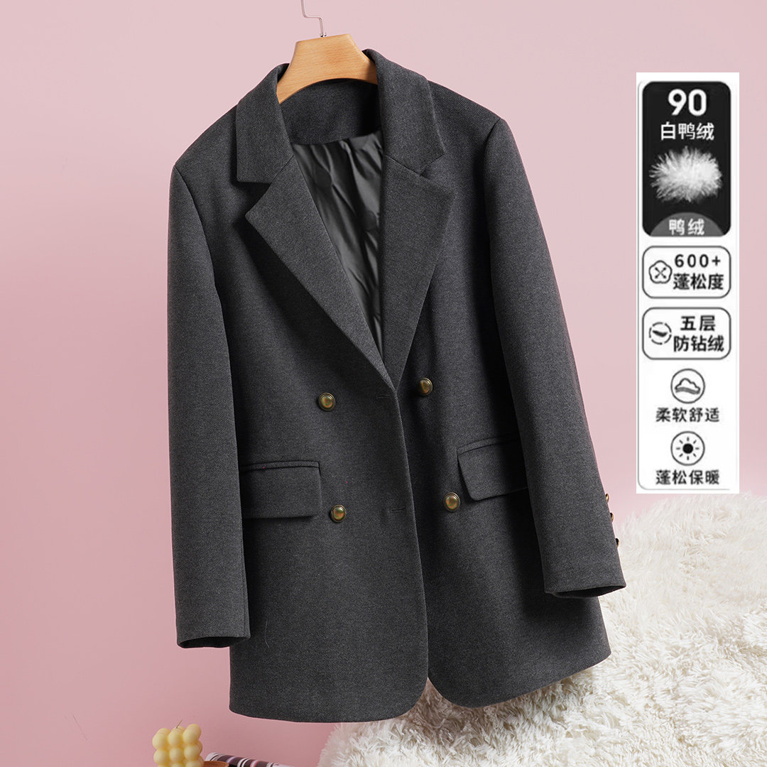 毛呢羽绒西装外套女宽松显瘦2025秋冬新款斜纹西服白鸭绒呢子大衣
