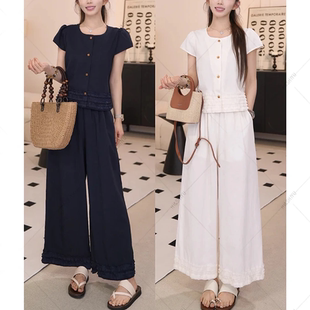 悸动时刻 减龄套装 设计感花边短袖 松紧腰阔腿直筒裤 女 小衫