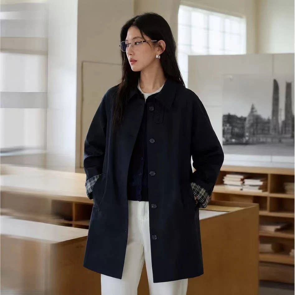 秋季新款格纹翻袖气质中长款外套