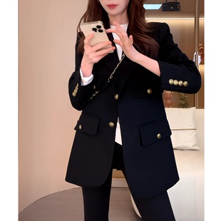 2025秋冬季高级感多口袋宽松气质休闲时尚百搭黑色毛呢西装外套女